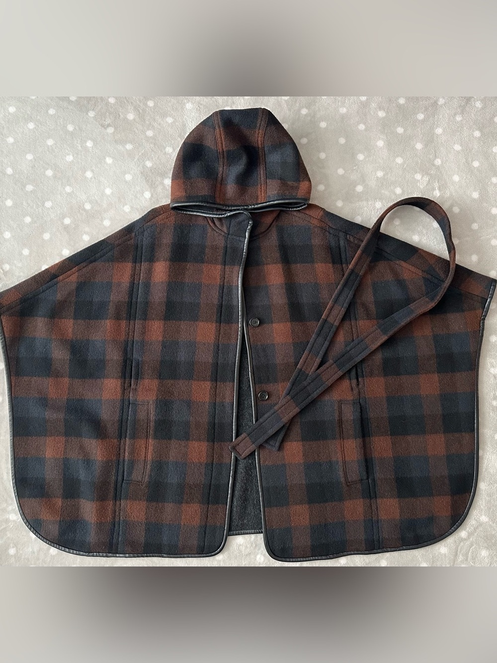 Coach Brown & Black Plaid Hooded Wool Cape Coat